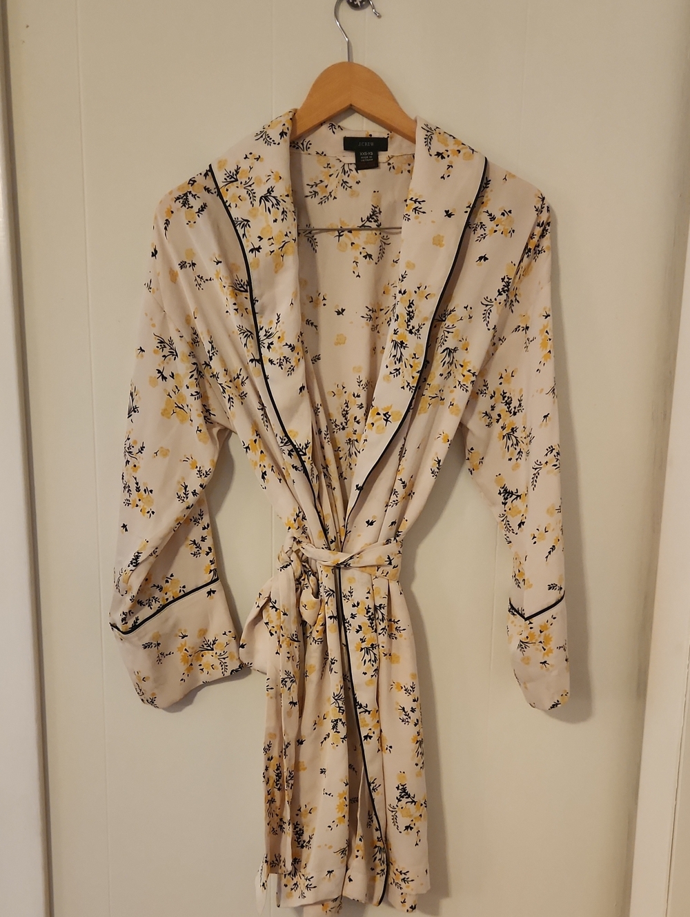 J. Crew Floral Satin Robe in Cream, Yellow & Black Trim